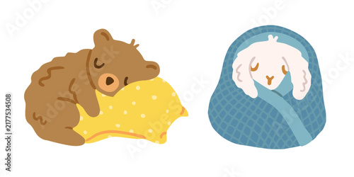Cute little bear sleeping peacefully on a pillow and adorable bunny tucked under a blanket, Flat vector illustration, hand drawn style, sweet children’s animal characters.