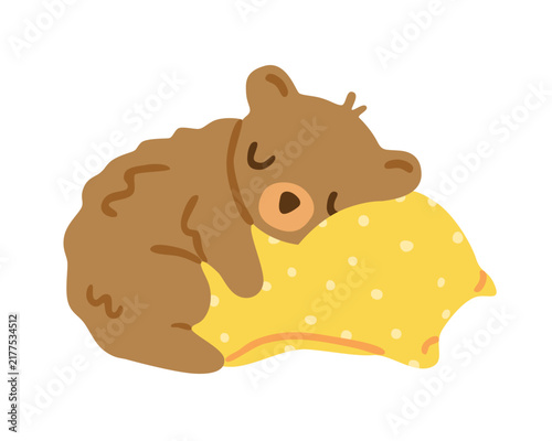 Cute brown bear sleeping with its head on a yellow dotted pillow, Flat vector illustration, hand drawn, isolated on white background.