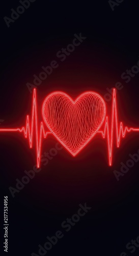 A glowing neon red sound wave forming the shape of a heart on a dark background, representing a rhythmic heartbeat and pure audio energy, modern, heart, design