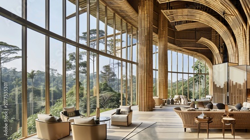 Luxurious interior with large windows, wooden structures, and forest views