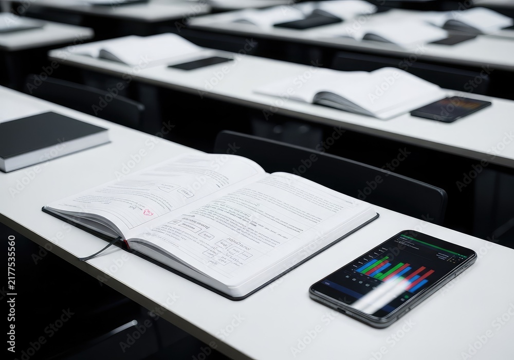 Obraz premium A soft out of focus view of a contemporary academic lecture hall with rows of tables, notebooks, and mobile devices under bright lighting, training, gray, bokeh
