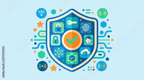 Digital Security Shield With Cyber Protection Icons.