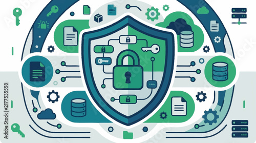 Digital Security Shield With Lock And Data Protection Elements.