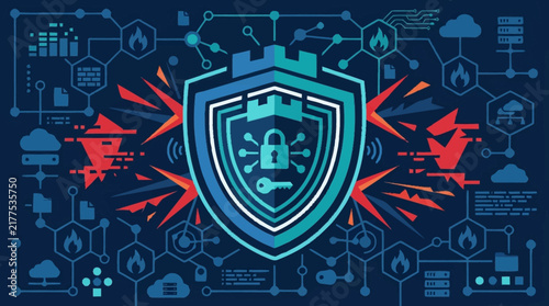 Cybersecurity shield icon protecting digital network from red attack threats.