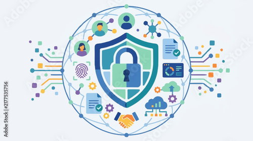 Cybersecurity Shield Icon with Digital Network Connections and Data Protection Elements.