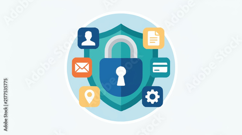 Cybersecurity shield icon with lock and digital service symbols.