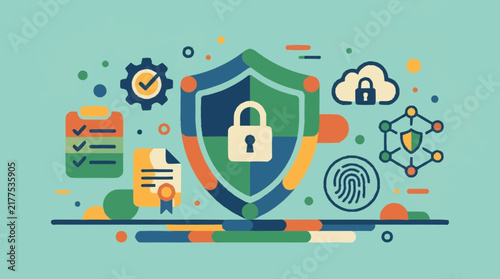 Digital Security Shield Concept With Lock And Fingerprint Icon.