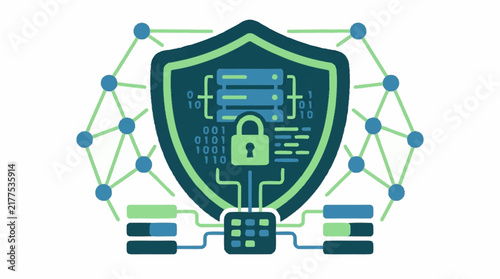 Digital security shield icon with network nodes and lock symbol.