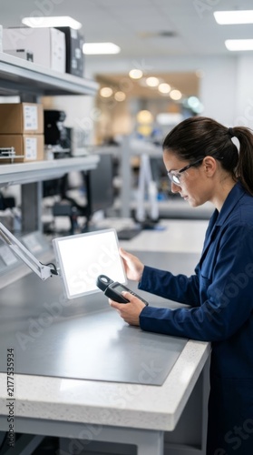 Lab engineer measures LED panel brightness with lux meter on a modern laboratory bench, science and technology testing
