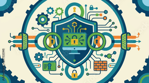 Digital Security Shield Illustration With Circuit Board Elements.