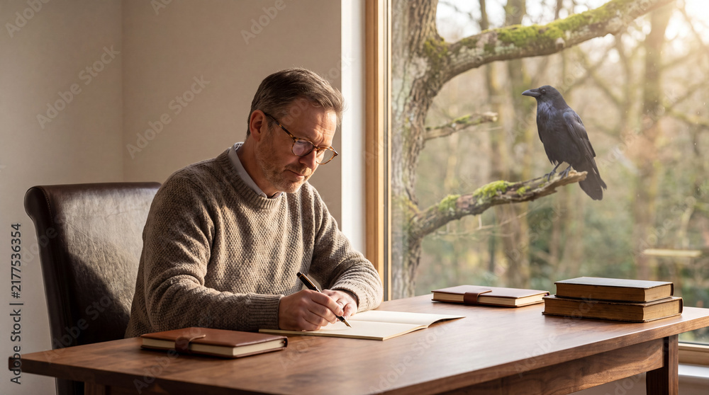 Obraz premium Mature male writer with glasses writing notes in a journal with a fountain pen at a wooden desk while a black raven watches from the forest window