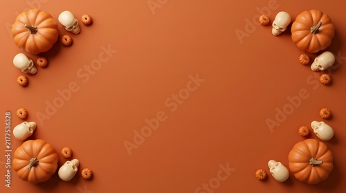 Autumn background with pumpkins and decorative gourds arranged in corners on a brown surface
