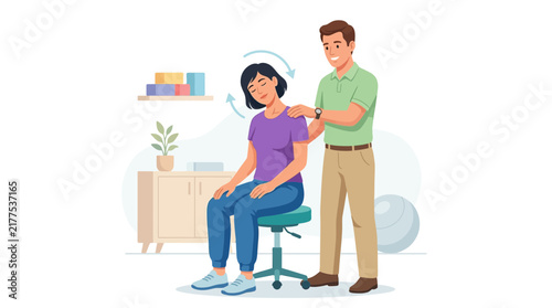 Physical Therapist Assists Patient With Neck Stretches and Rehabilitation Exercises in a Modern Clinic Setting