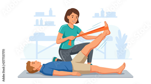 Physical Therapist Assists Patient with Leg Stretching Exercise Using Resistance Band