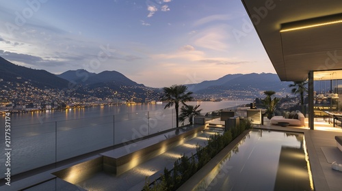 Luxurious modern home with infinity pool overlooking a city and lake at dusk