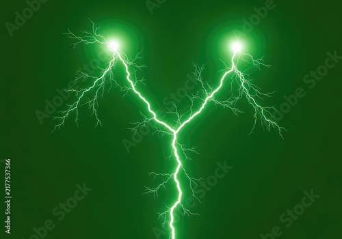 Powerful green lightning bolt discharge with glowing electrical sparks and energy pulses isolated on a solid chroma key green background, intense, strike, abstract