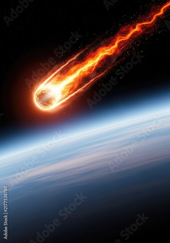 A massive celestial object blazes through the atmosphere of a distant planet, creating a vivid trail of orange fire and glowing plasma heat, speed, atmosphere, friction