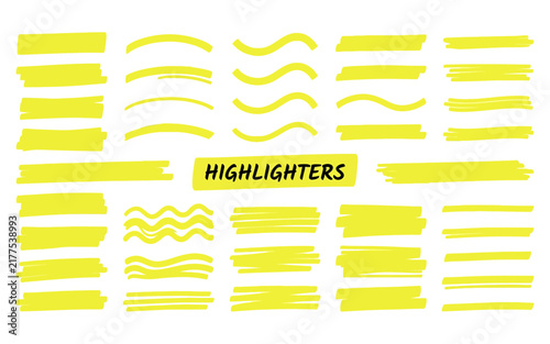 Yellow highlighter marker stroke collection on transparent background for text underlining and decoration.