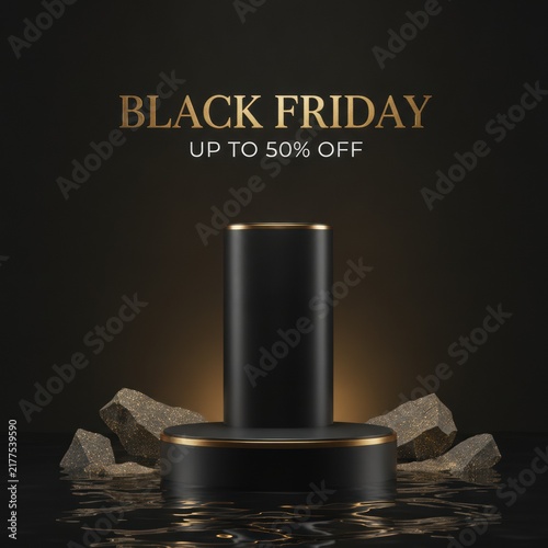 Black friday sale banner with a luxury dark product display podium and gold accents for retail marketing
