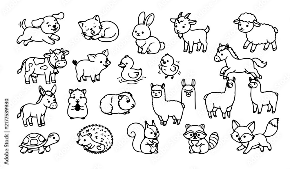Fototapeta premium Cute baby pets and farm animals line art vector set with adorable cartoon characters