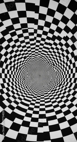 Hypnotic black and white checkered tunnel spirals inward, creating a deep sense of movement and a dizzying optical illusion for the viewer, dynamic, structure, perspective