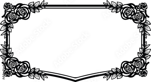 Elegant rectangular floral frame with decorative roses and leaves isolated on a white background decoration ornamental rectangular illustration monochrome romantic botanical invitation