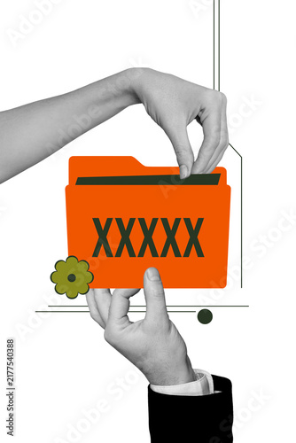 Quadro su tela Vertical photo collage of hands hold secret folder files password confidential i