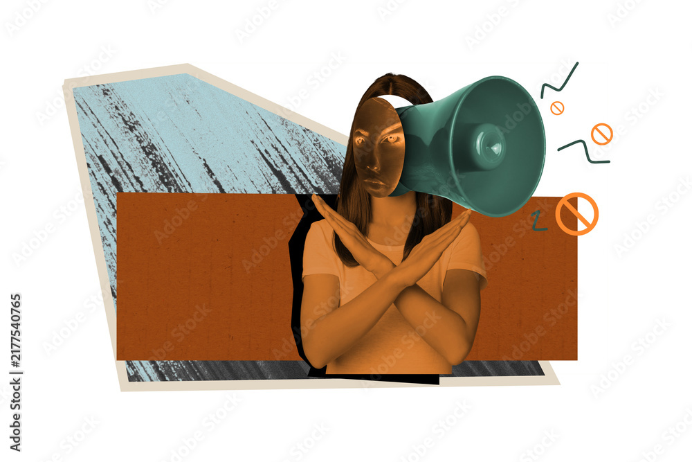 Obraz premium Creative collage picture young girl activist loudspeaker bullhorn announce pretense face weird concept demonstration discrimination rights