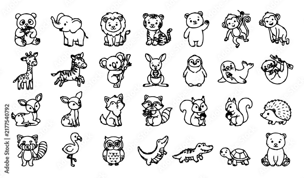 Fototapeta premium Cute baby wildlife line art vector collection with adorable cartoon animal characters