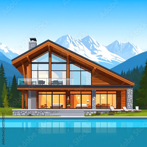 Modern wooden cabin with mountain view in summer.