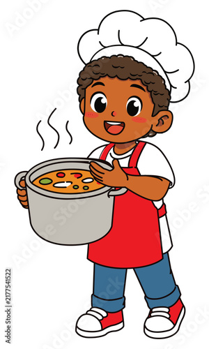Cute Dark Skinned Boy Chef Holding and Showing Hot Soup Pot Vector Illustration