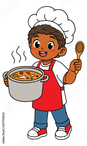 Cute Dark Skinned Boy Chef Holding Hot Soup Pot and Wooden Spoon Vector Illustration