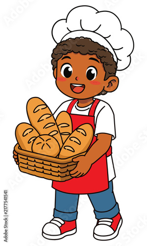 Cute Dark Skinned Boy Baker Holding Basket of Fresh Bread Vector Illustration