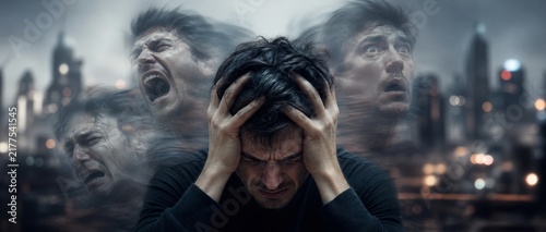 Man suffering from mental disorder with multiple screaming faces around his head. Psychological stress and inner demons concept