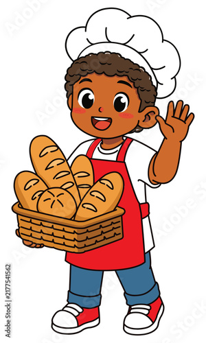 Happy Dark Skinned Boy Baker Holding Bread Basket and Waving Hello Vector Illustration