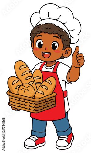 Happy Dark Skinned Boy Baker Holding Bread Basket Giving Thumbs Up Vector Illustration