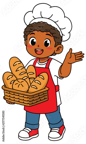 Cheerful Dark Skinned Boy Baker Holding Bread Basket Presenting Hand Vector Illustration