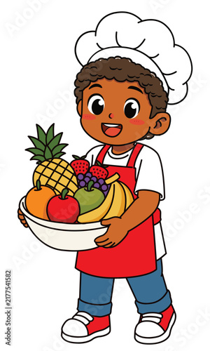 Cute Dark Skinned Boy Chef Holding Fruit Bowl Vector Illustration