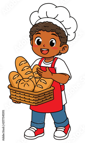 Cute Dark Skinned Boy Baker Holding and Showing Basket of Fresh Bread Vector Illustration