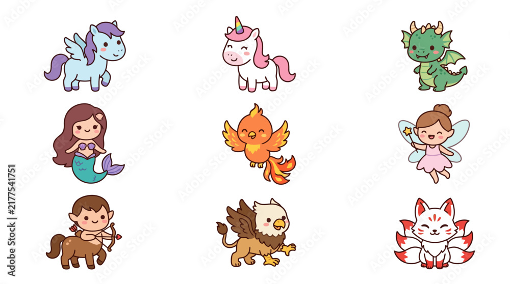 Obraz premium Set of cute kawaii mythical creatures and fantasy characters.