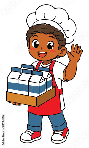 Happy Dark Skinned Boy Chef Carrying Milk Crate and Waving Hello Vector Illustration