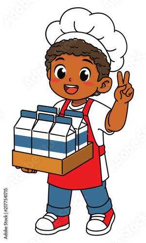 Cute Dark Skinned Boy Chef Carrying Milk Crate Giving Peace Sign Vector Illustration