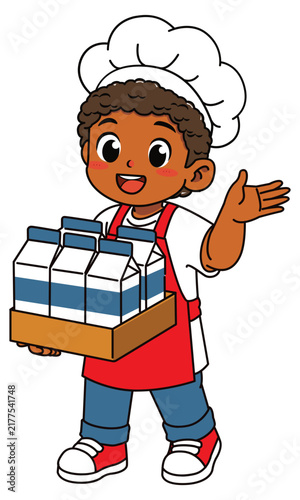 Cheerful Dark Skinned Boy Chef Carrying Milk Crate Presenting Hand Vector Illustration