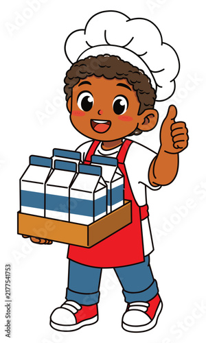 Happy Dark Skinned Boy Chef Carrying Milk Crate Giving Thumbs Up Vector Illustration