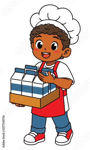 Cute Dark Skinned Boy Chef Carrying and Showing Crate of Fresh Milk Vector Illustration