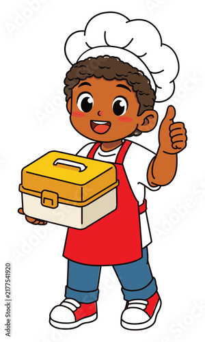 Happy Dark Skinned Boy Chef Holding Lunch Box Giving Thumbs Up Vector Illustration