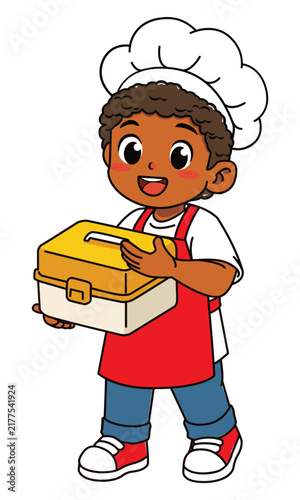 Cute Dark Skinned Boy Chef Holding and Showing Lunch Box Vector Illustration