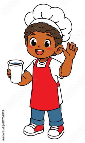 Happy Dark Skinned Boy Chef Holding Water Cup and Waving Hello Vector Illustration