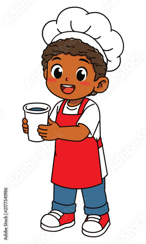 Cute Dark Skinned Boy Chef Holding Plastic Cup of Water Vector Illustration