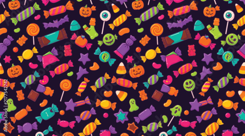 Halloween Candy and Spooky Trick or Treat Sweets Seamless Pattern Vector Background